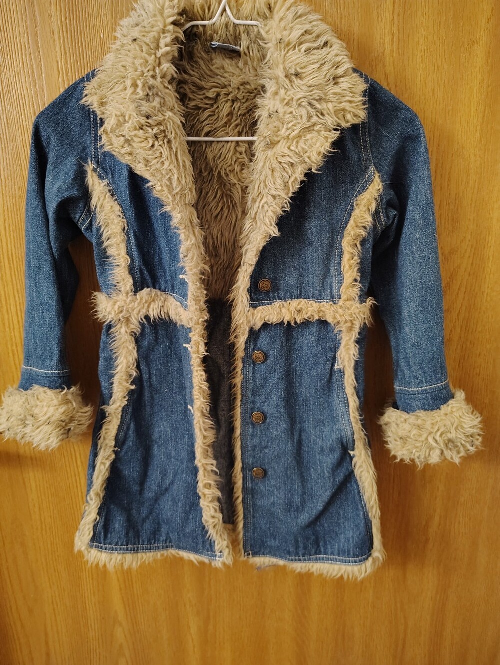 Girls' Faux Fur-Lined Denim Coat in Blue with Tan Trim